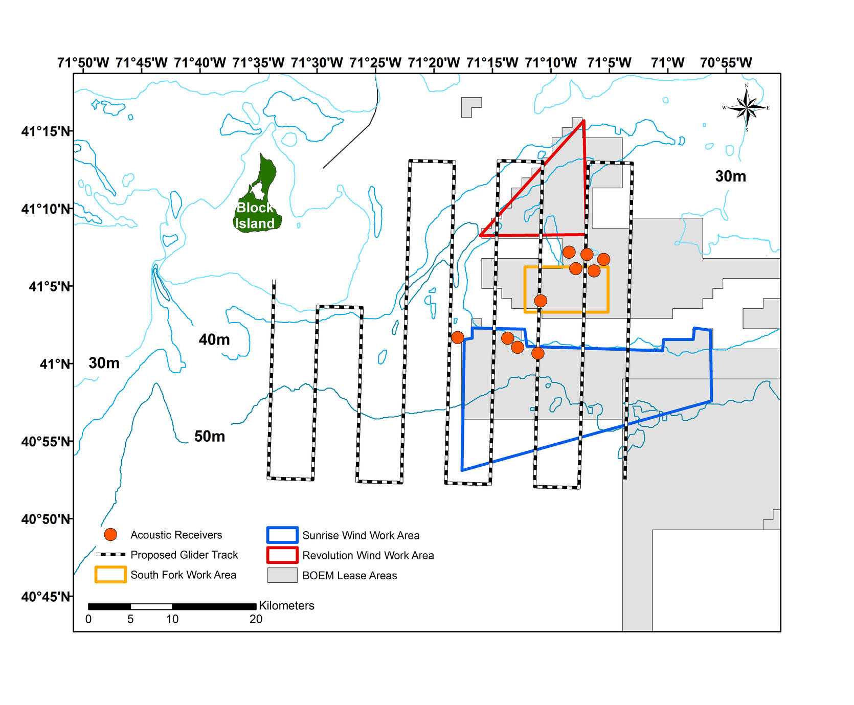 Map of the study site, including the areas that are slated for wind energy development. The path of the glider and locations of the acoustic receivers are also shown.