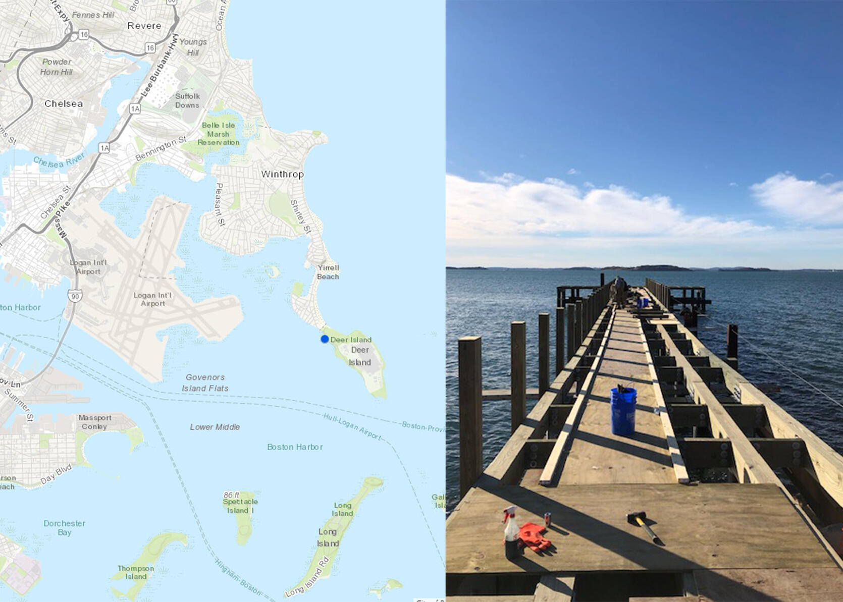 (L) Map of Deer Island Pier location; (R) Recent pier construction