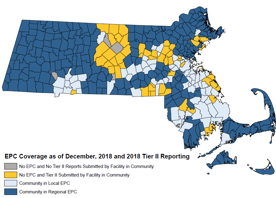 A map of the state’s 351 communities and identifying each one as associated with an REPC, an LEPC, or neither. 