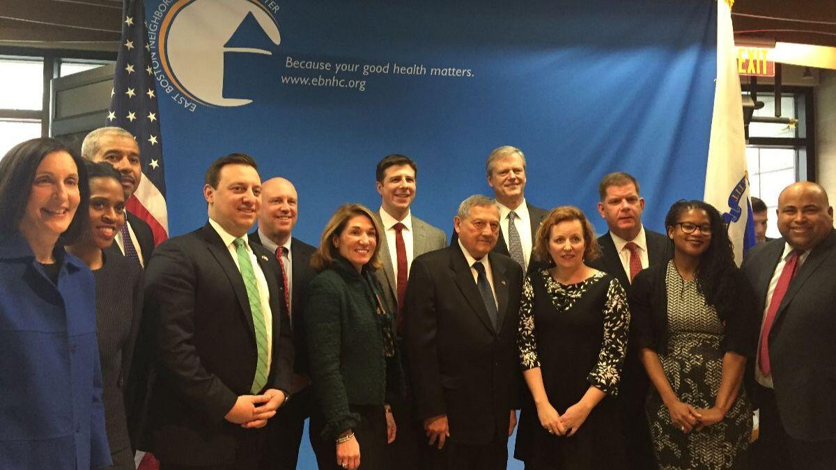 State and local officials celebrate affordable rental housing awards in East Boston.