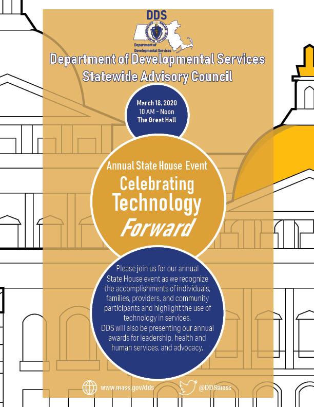 An image of the event invite. Announces the annual State House event, this year celebrating Technology Forward, which will be held in the State House Great Hall at 10:00 A.M. on March 18.