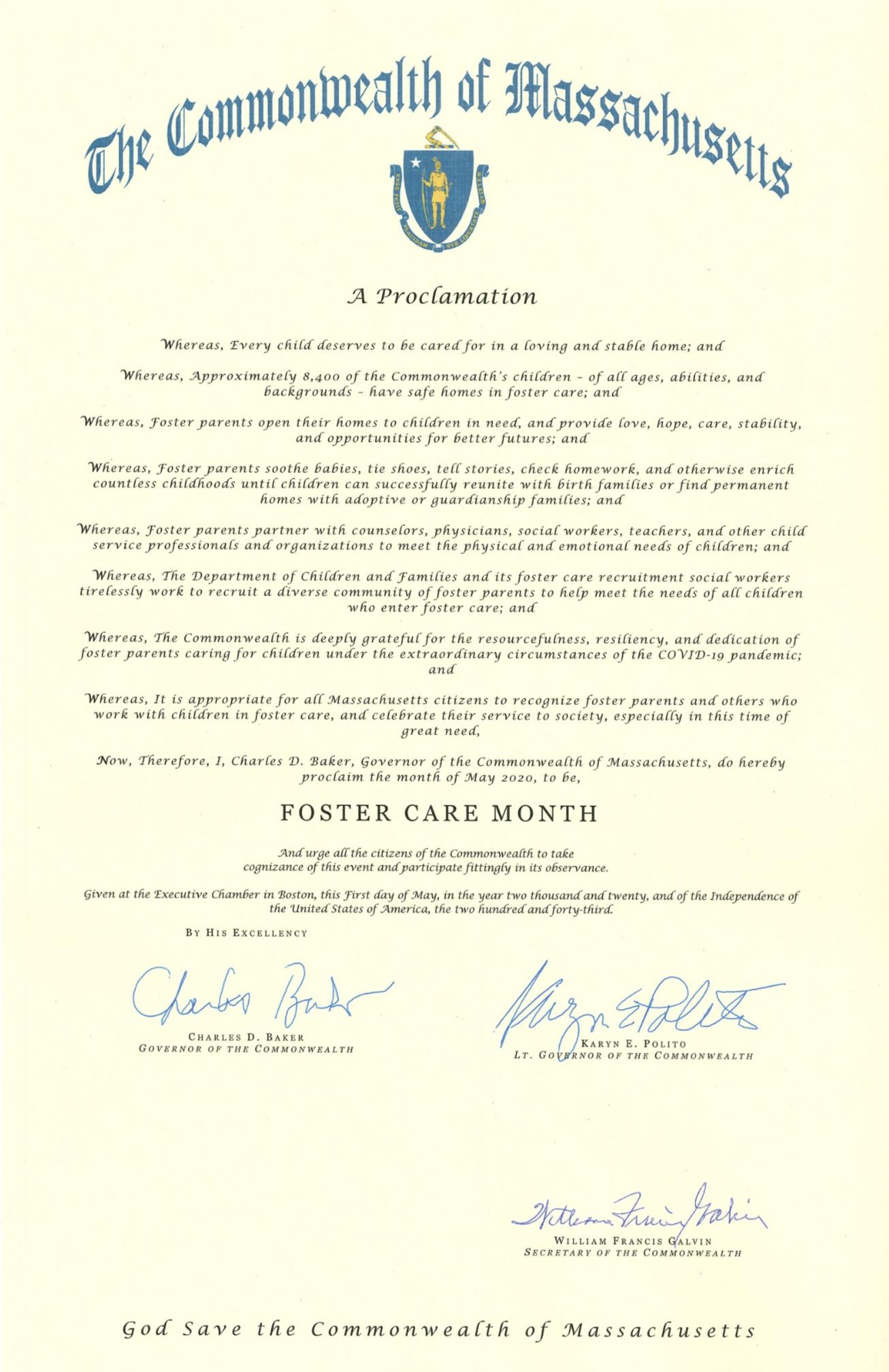 Proclamation recognizing Foster Care Month 2020 in the Commonwealth