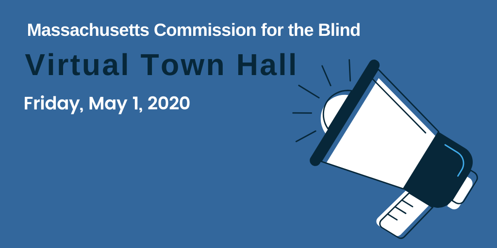 Blue background with megaphone image in black and white with text that reads Virtual Town Hall