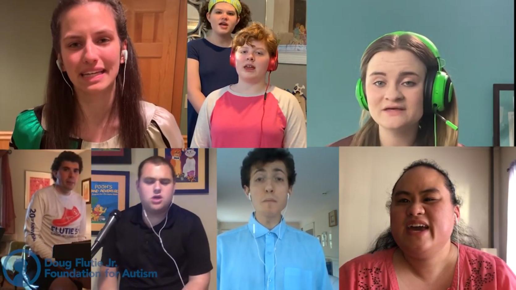 A screenshot of members of the virtual choir Spectrum of Sound performing "Lean on Me." The image shows Jamie Piro, Hana Coppenrath, Helen Coppenrath, Cierra Reynolds, Connor Thompson, Patrick Linehan, Stefano Micali, and Lavender Darcangelo.