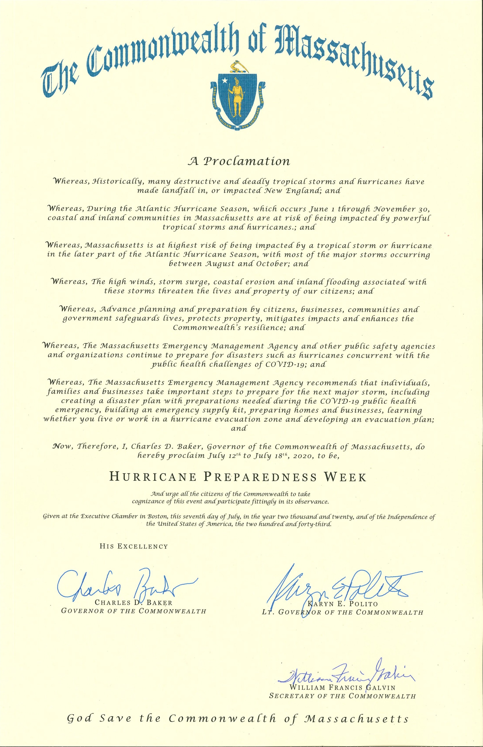 Governor Baker Proclaims July 12-18, 2020 to be Hurricane Preparedness Week