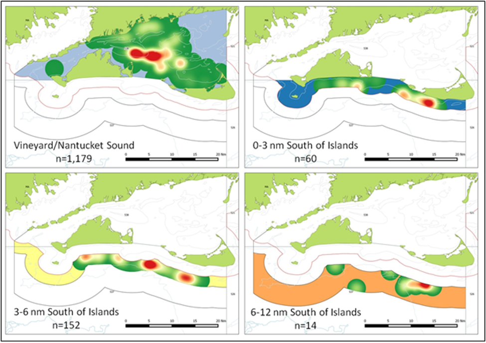 Effort (warmer colors mean more effort) by area in the small mesh trawl spring squid fishery. Developed from observer data on 1405 squid trips, 2013-2017. 