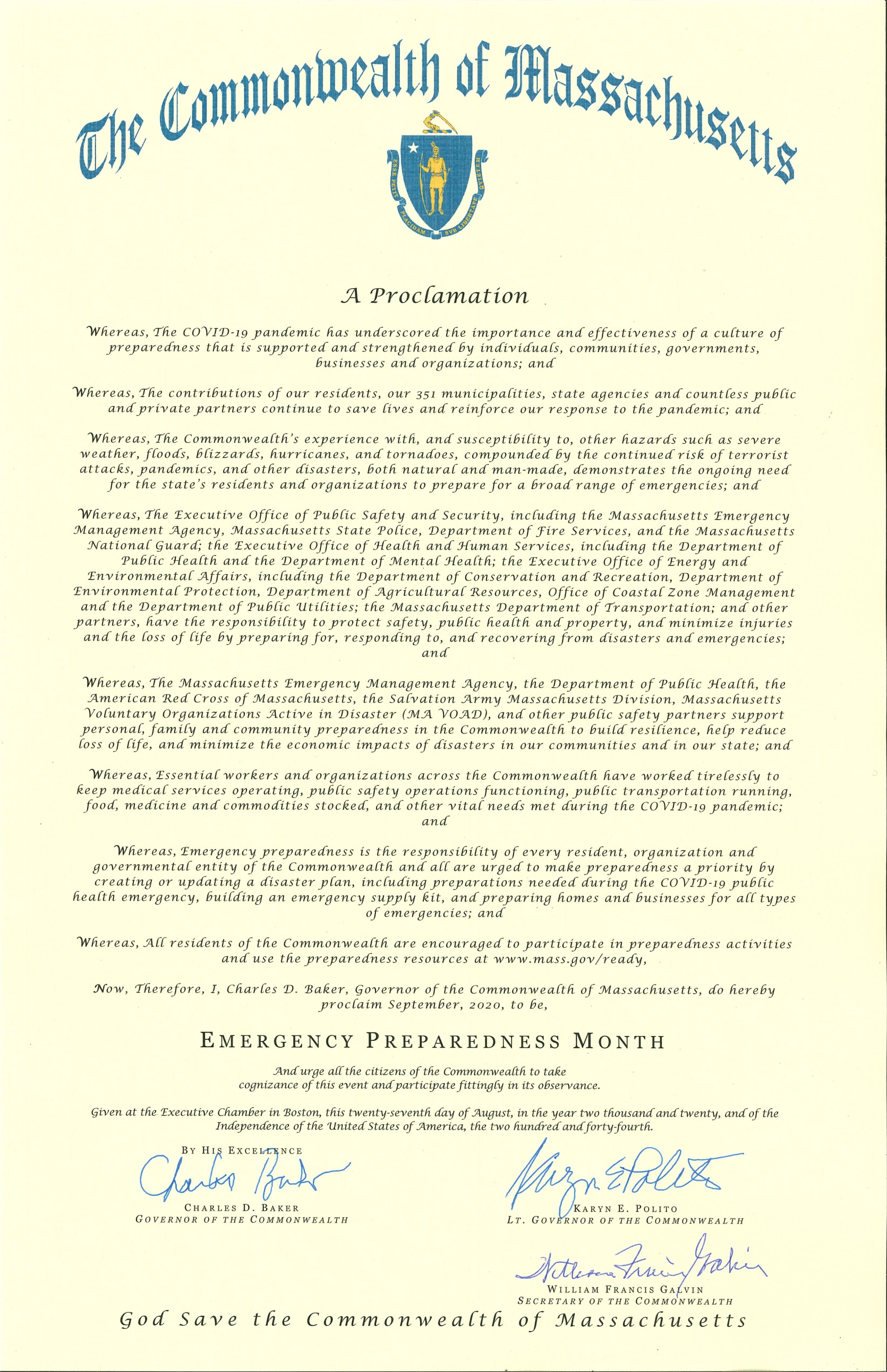 Proclamation with Governor Baker proclaiming September 2020 to be Emergency Preparedness Month