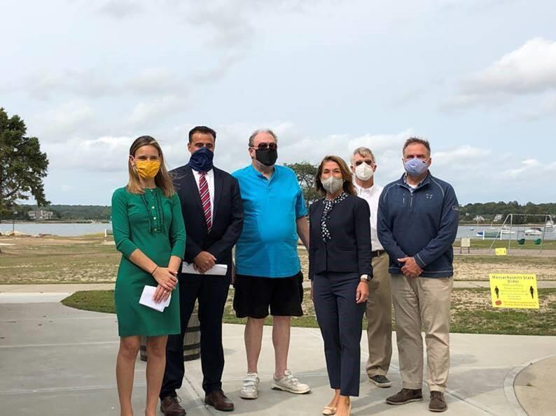 Lieutenant Governor Karyn Polito and Energy and Environmental Affairs Secretary Kathleen Theoharides join Town Administrator Shawn MacInnes, Select Board member Frank Gracie, Select Board member John Haran, and State Representative Chris Markey at the Ice Cream Bucket in Dartmouth.