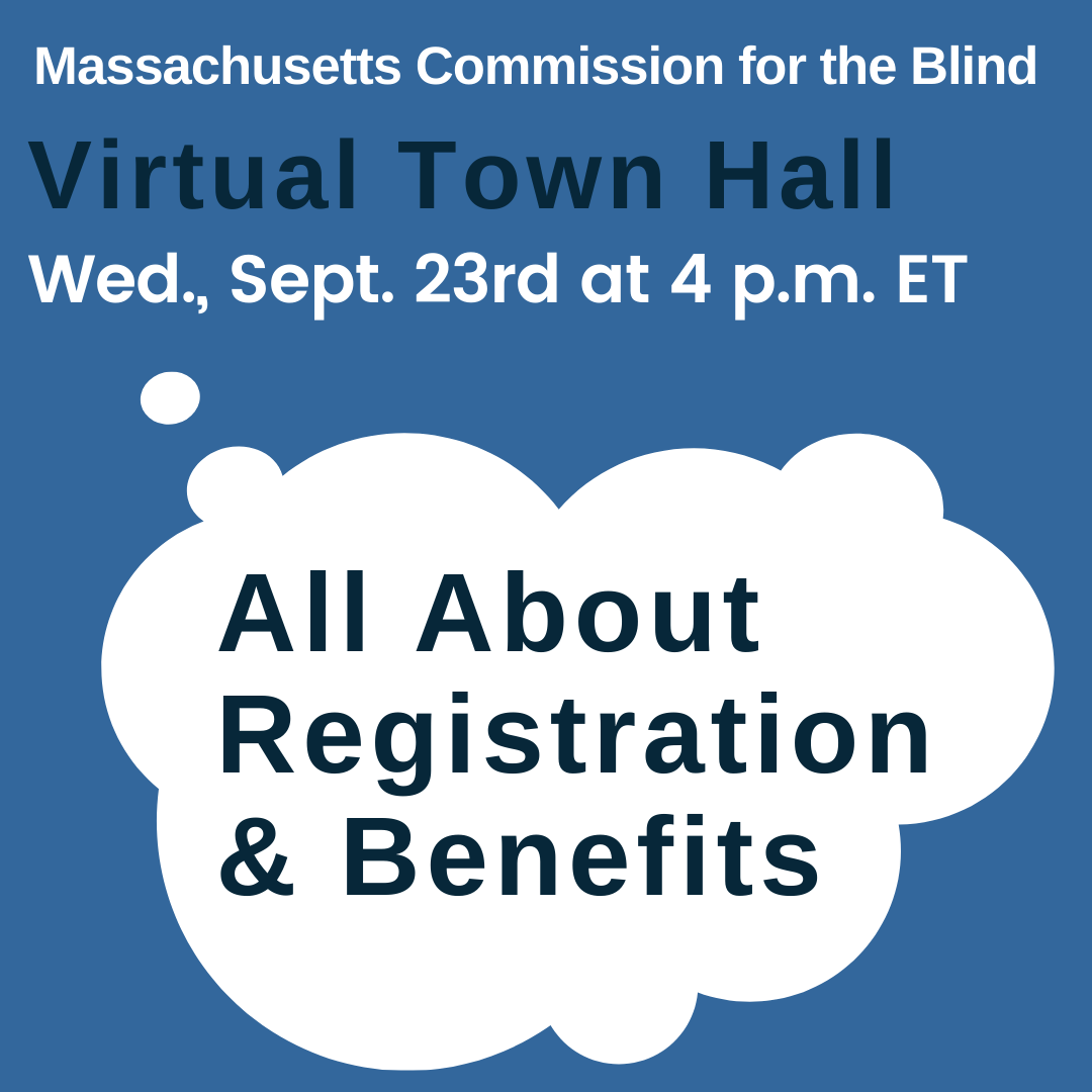 White thought cloud on blue background with MCB Town Hall Sept. 23 All About Registration & Benefits