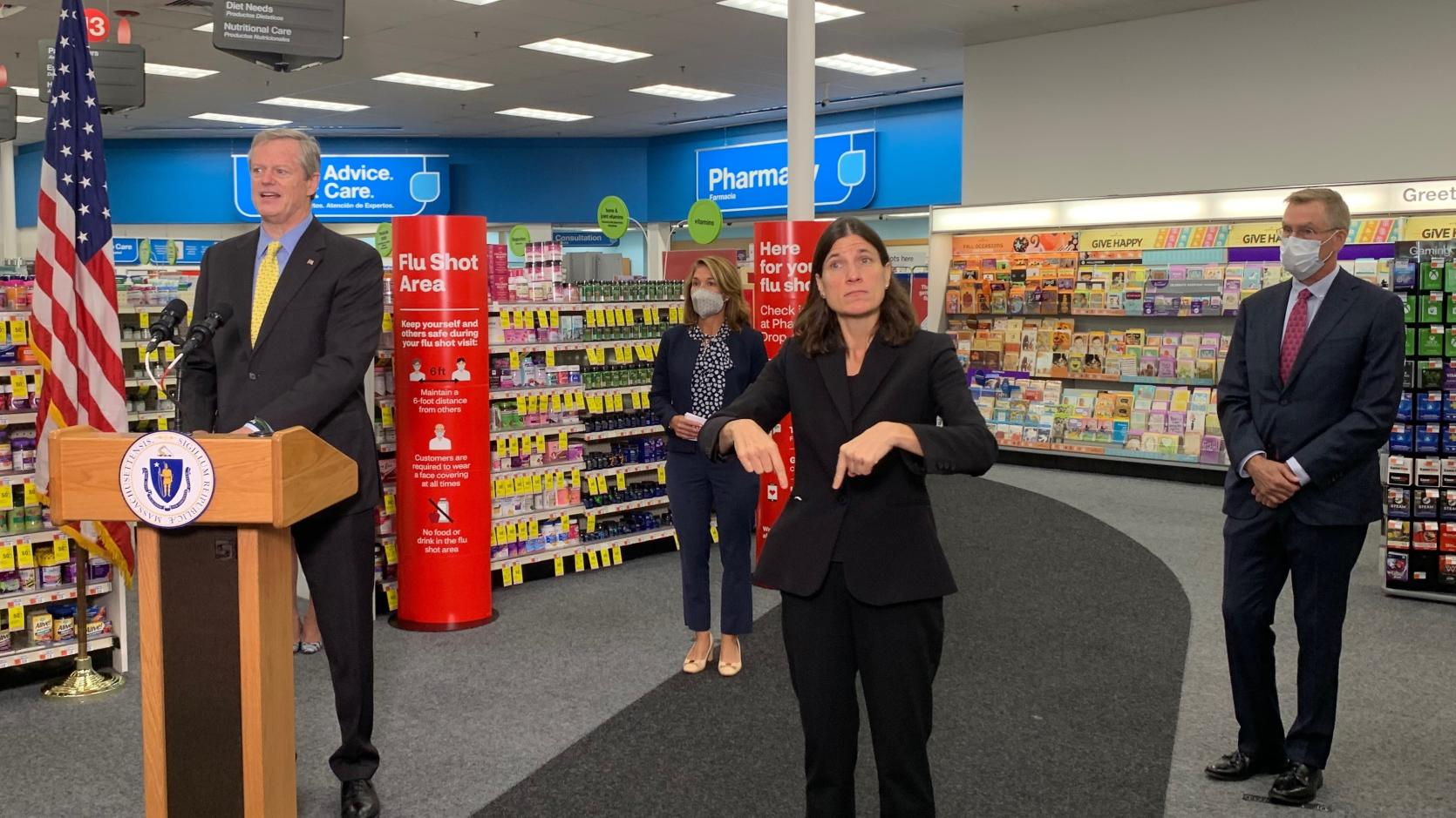 Today Governor Baker, Lt. Governor Polito, and Health and Human Services Secretary Marylou Sudders visited a CVS Pharmacy in Roslindale to receive flu shots and highlight the importance of getting vaccinated this year.
