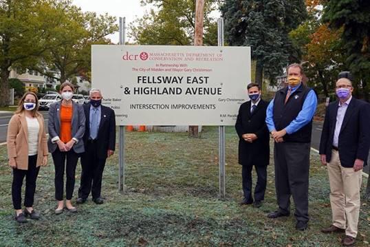 DCR Commissioner Jim Montgomery joined with agency staff, Senator Jason Lewis, Representative Kate Lipper-Garabedian, Representative Paul Donato, Malden City Councilor Amanda Linehan, and Malden Mayor Gary Christenson to celebrate safety improvements along Fellsway East in the City of Malden.