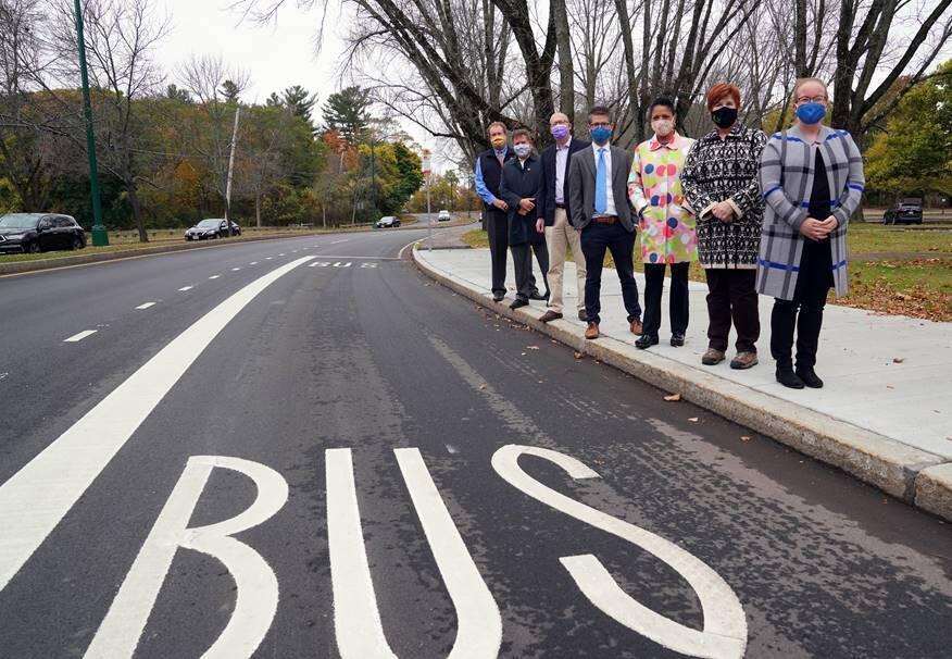 DCR Commissioner Jim Montgomery joined with agency staff, Senator Lewis, Representative Day, Town Administrator Dennis Sheehan, Select Board Chair Raymie Parker, Stone Zoo Executive Vice President of External Affairs Cynthia Mead, and Town Planner Erin Wortman to celebrate safety improvements along Pond Street in the Town of Stoneham.