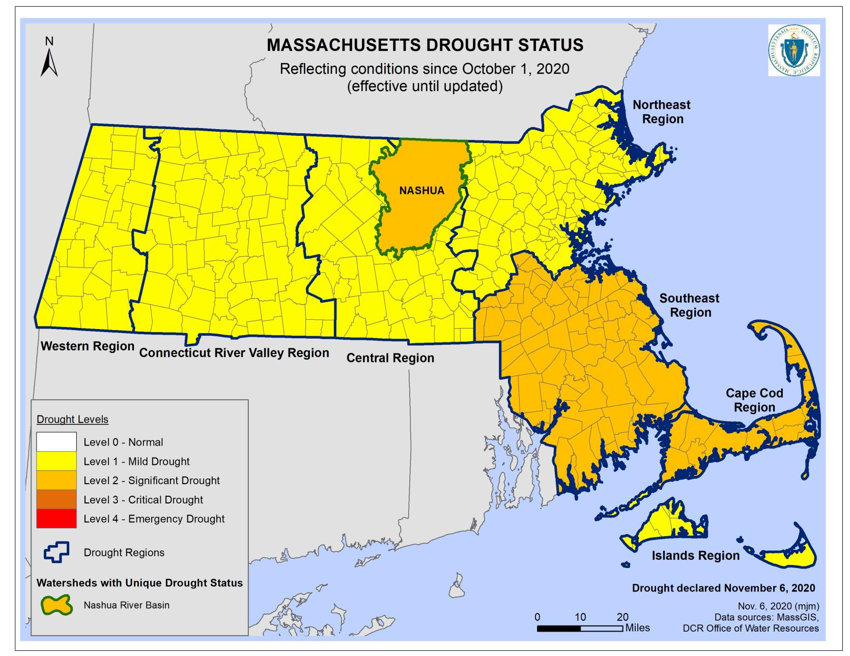 Map showing new drought declarations by region in Massachusetts.