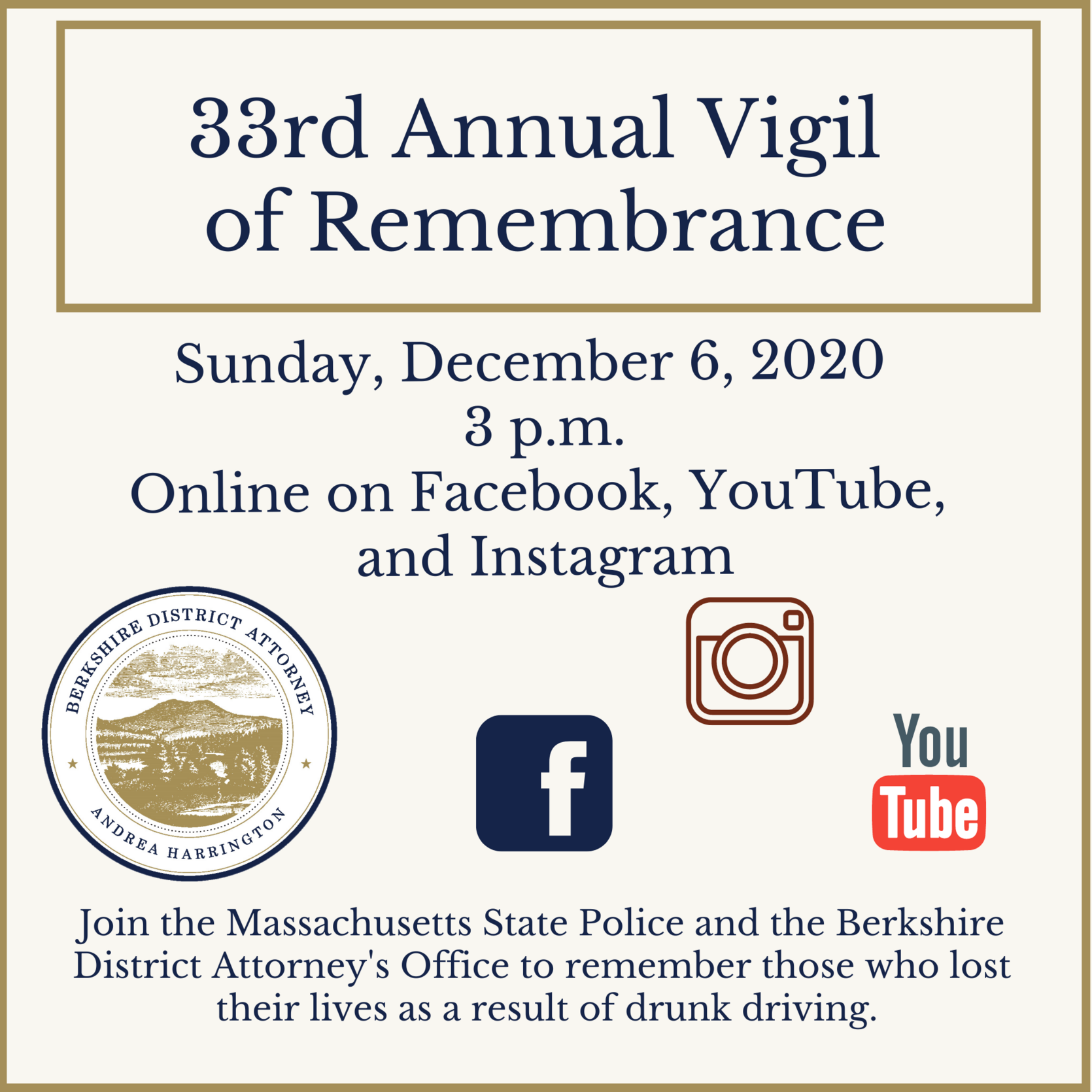 Berkshire DA’s Office Holds Virtual Ceremony To Remember and Honor Those Who Lost Their Lives in Drunk Driving Crashes