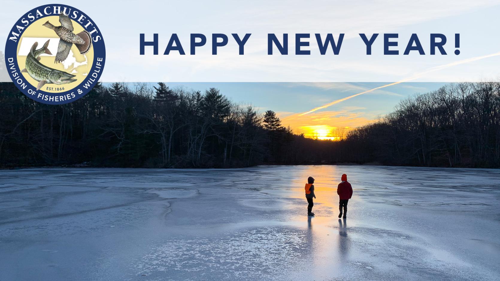 Happy New Year graphic with sunset over an icy pond
