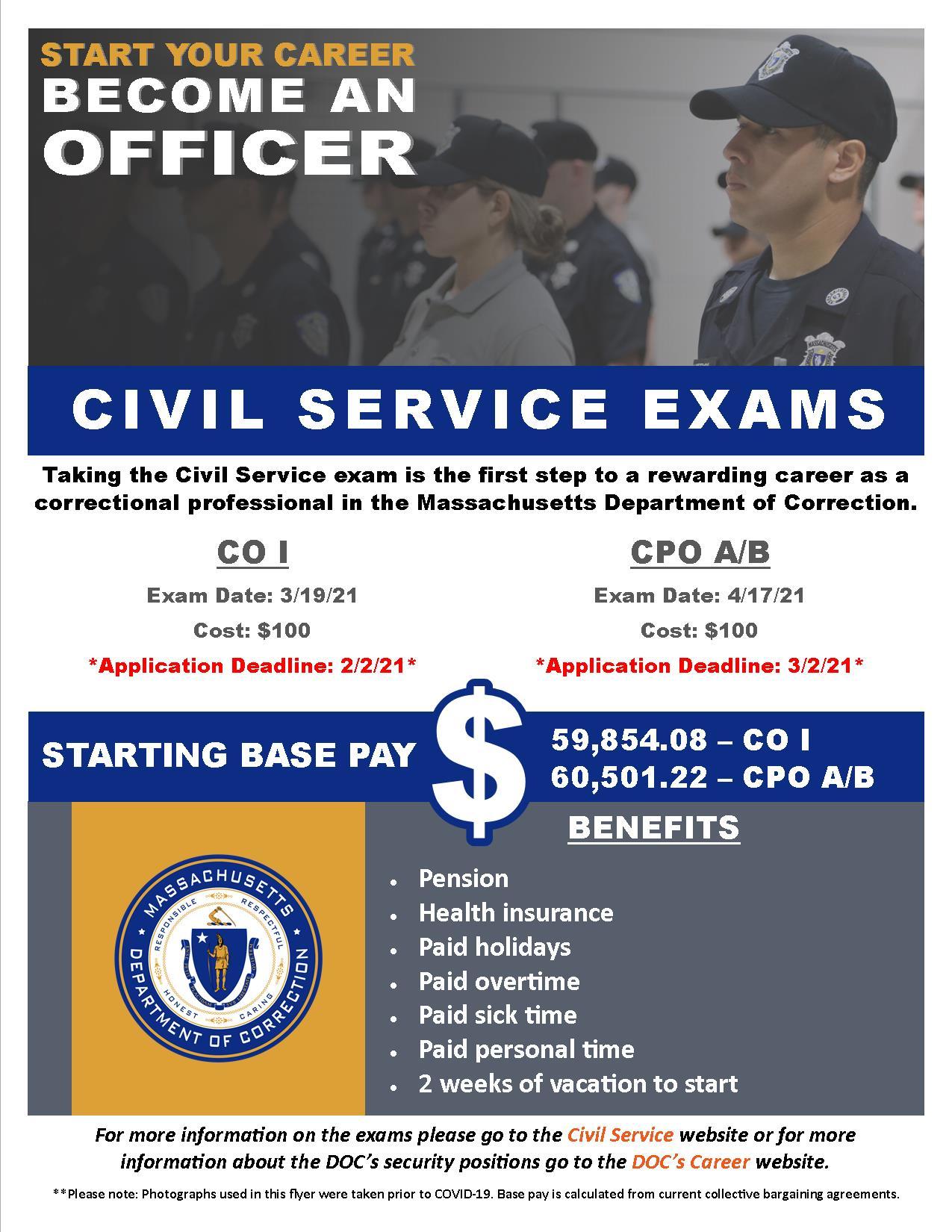 Flyer with info on civil service exams and base pay for CO and CPO positions