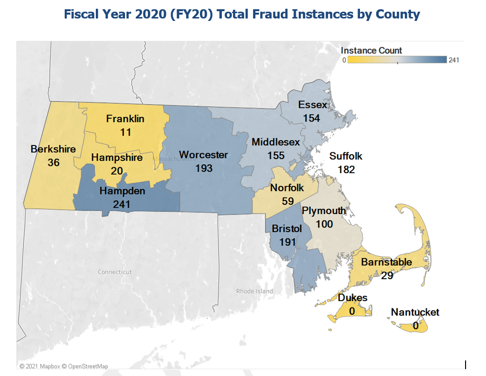 An image of a map that shows fraud by county in FY20.
