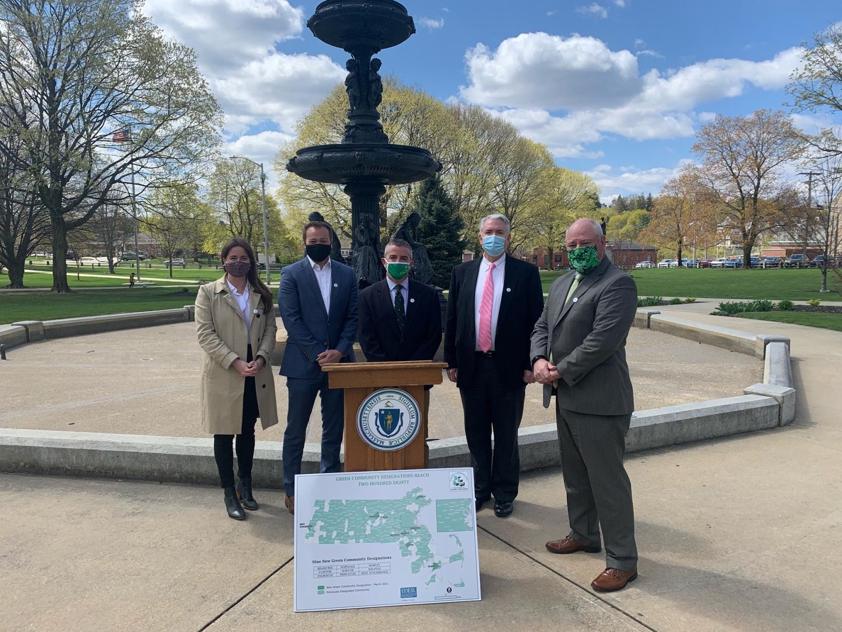 State Representative Meghan Kilcoyne, Department of Energy Resources Commissioner Patrick Woodcock, Board of Selectmen Chair Sean Kerrigan, Town Administrator Michael Ward, and Green Communities Director Brian Sullivan all joined at Central Park in Clinton.