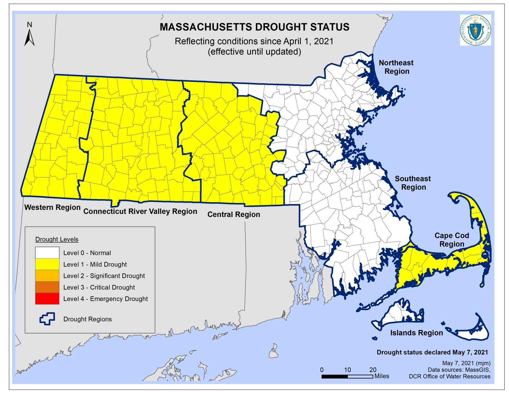 Map showing new drought declarations by region in Massachusetts.