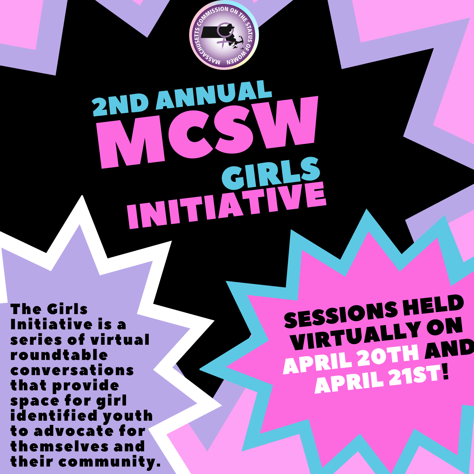 Hot Pink, Black and Purple comic star gradient that reads, "2nd Annual MCSW Girls Initiative"