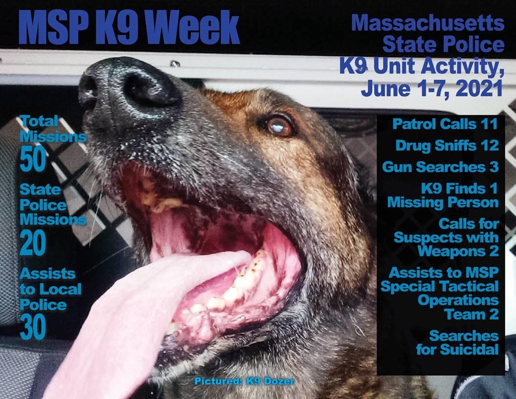 Massachusetts State Police K9 Week in Review June 1-7, 2021