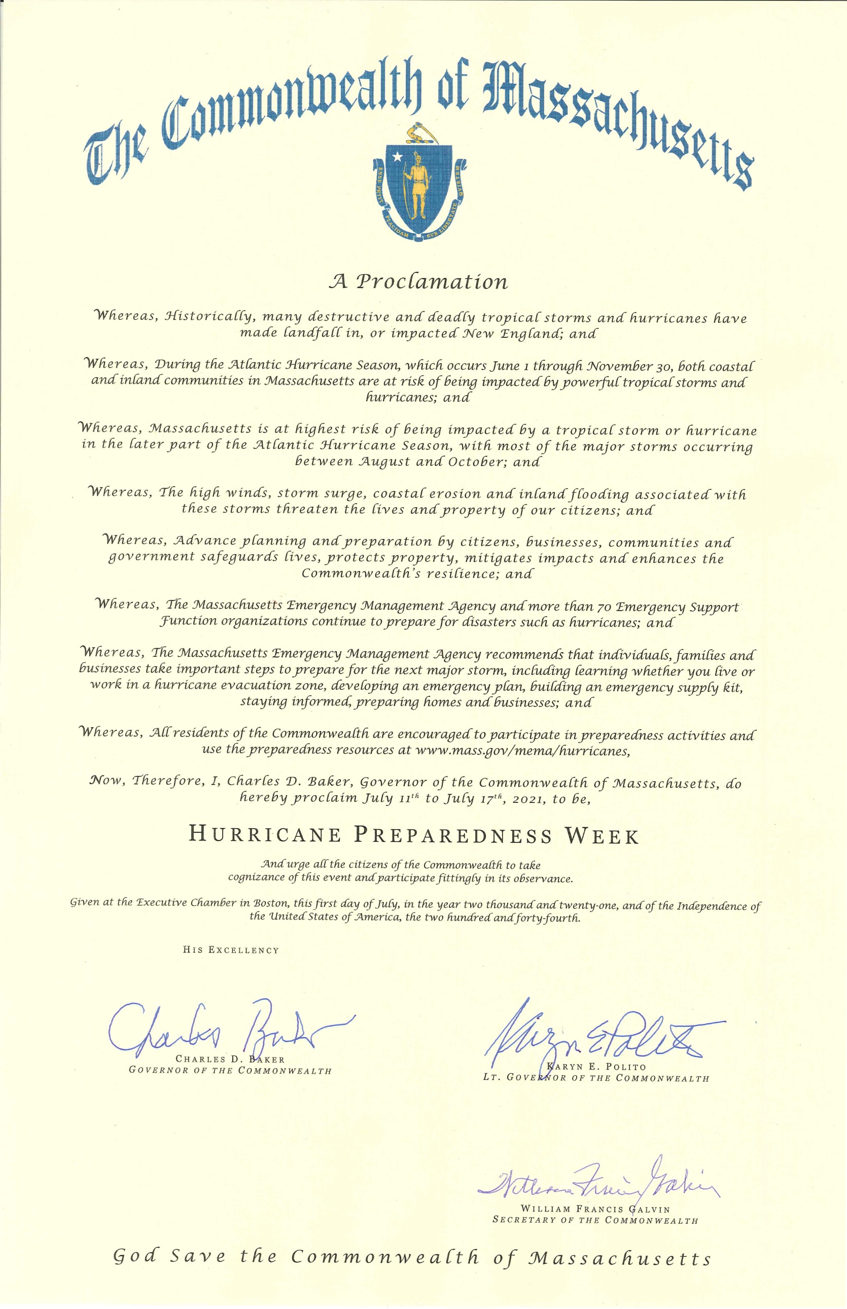 Proclamation from Governor Charlie Baker proclaiming July 11-17, 2021 to be Hurricane Preparedness Week