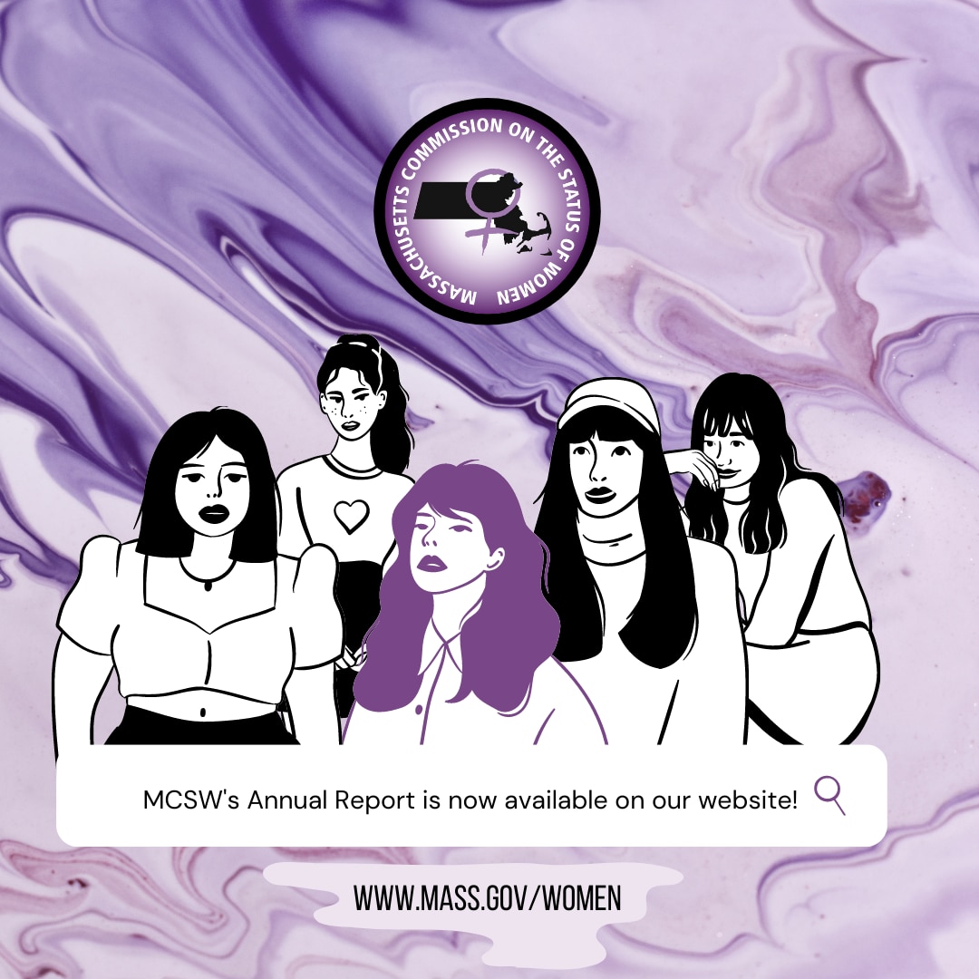 MCSW Logo with text that reads, "MCSW's Annual Report is now available on our website!" with five images of illustrated femmes of all ages on the front.