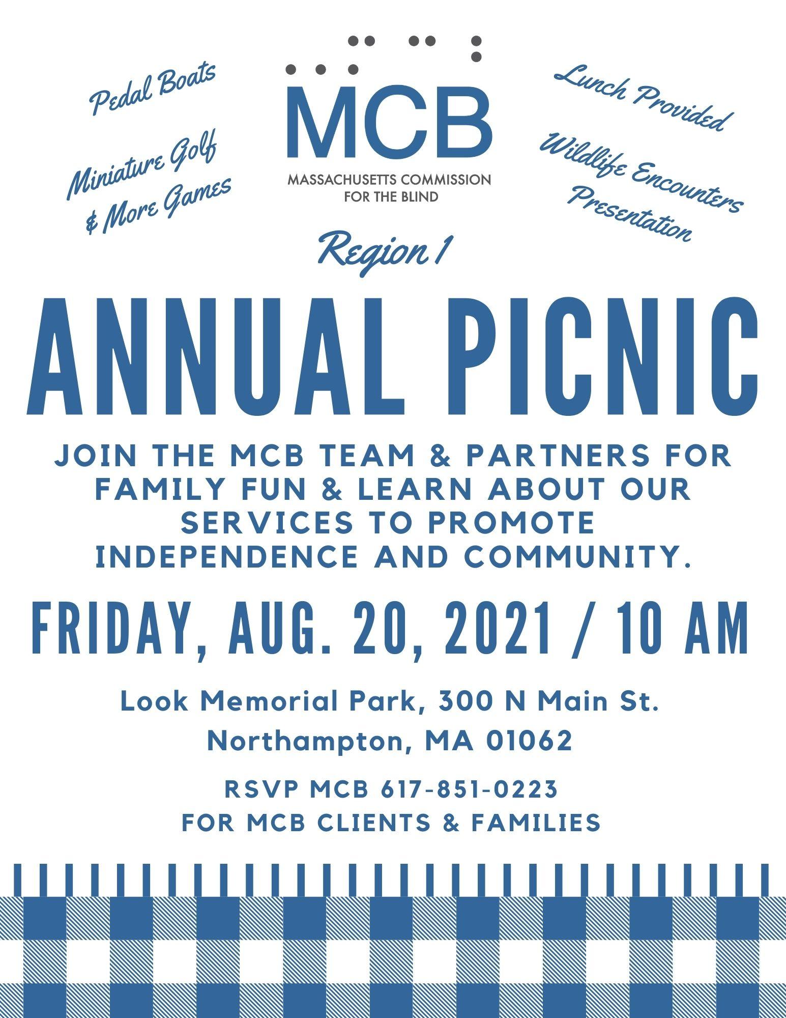 MCB Annual Picnic Flyer, Blue & White Check, Friday, August 20, 2021 from 10 am to 3 pm EST at Look Park in Northampton, MA. RSVP to 617-851-0223.