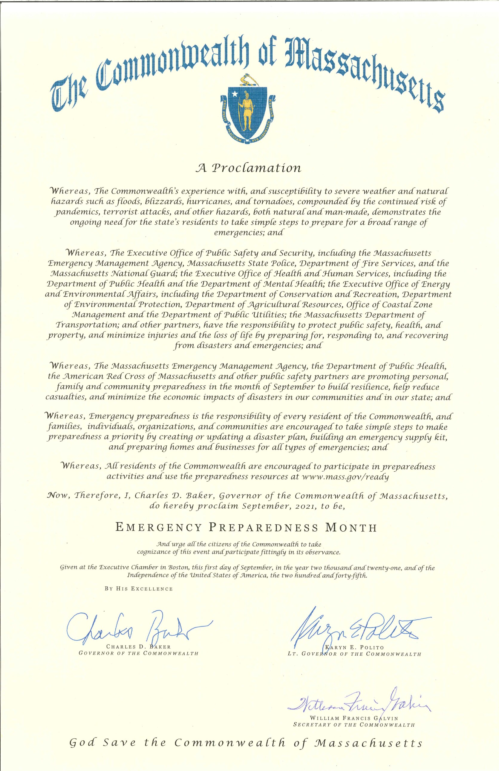 Governor Baker proclaims September to be emergency preparedness month.