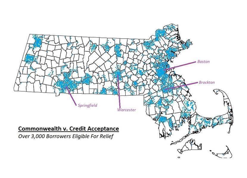 Image of map of Massachusetts with color indicating where consumers will receive relief.