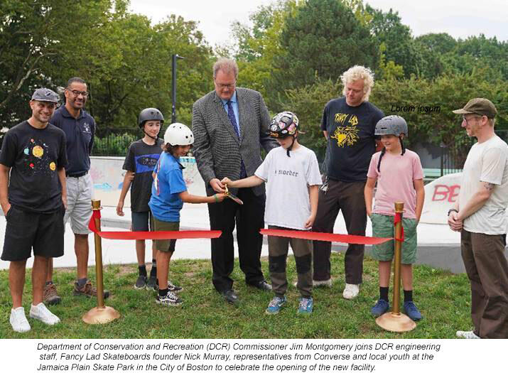 Department of Conservation and Recreation (DCR) Commissioner Jim Montgomery joins DCR engineering staff, Fancy Lad Skateboards founder Nick Murray, representatives from Converse and local youth at the Jamaica Plain Skate Park in the City of Boston to celebrate the opening of the new facility.