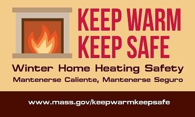 Image of a fireplace with the words "keep warm keep safe"