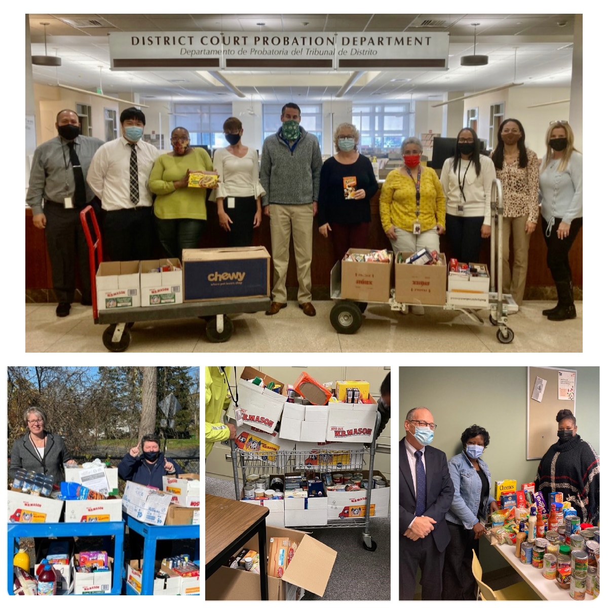 The photo grid features photos of food drives at Worcester District, Eastern Hampshire District, Hampden Superior and Plymouth Probate & Family courts.
