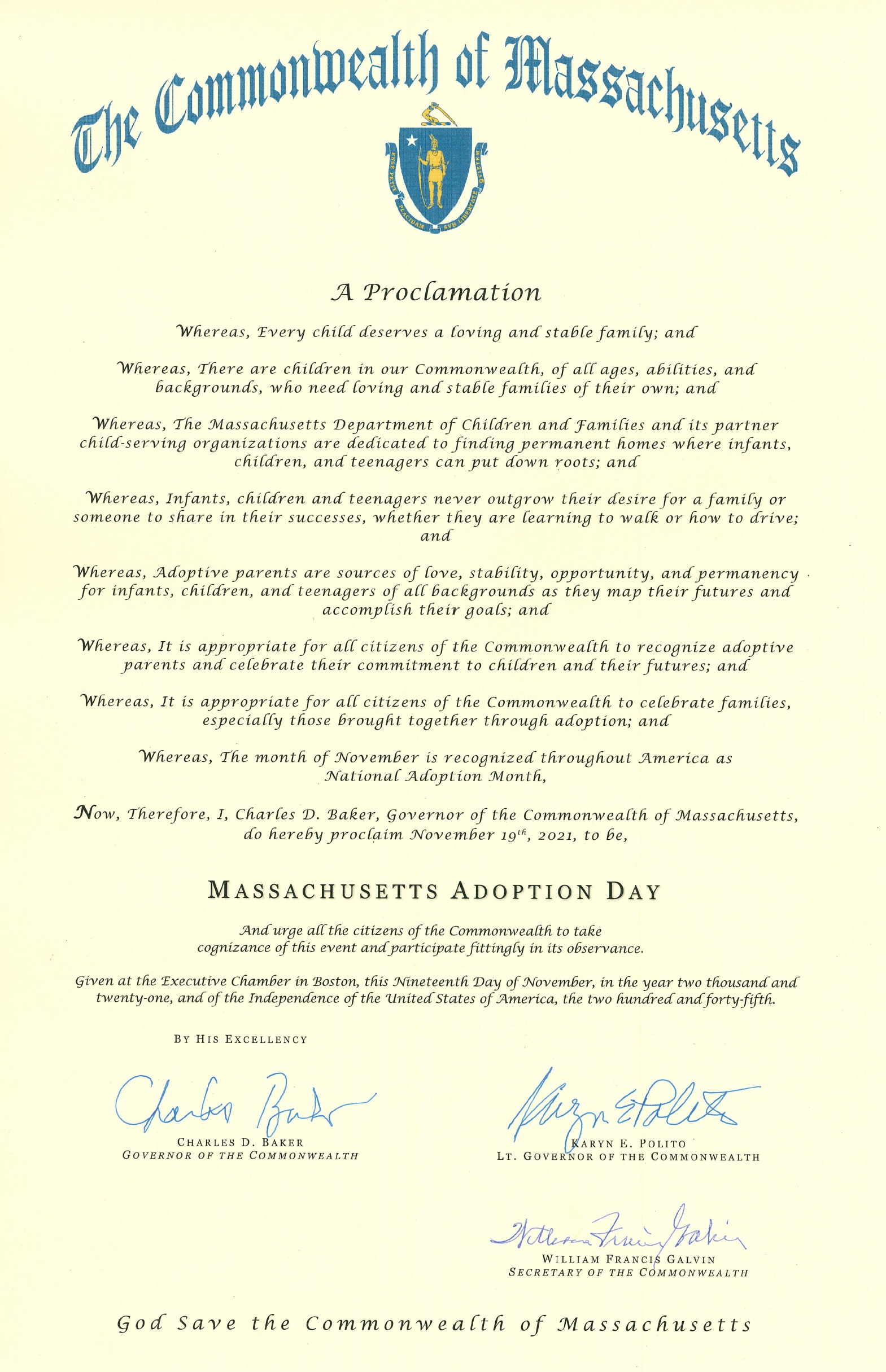 Massachusetts Proclamation for National Adoption Day