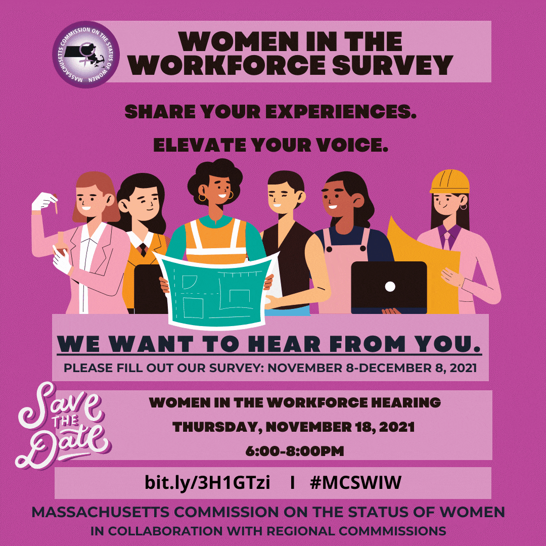 A gif that shares the Women in the Workforce Survey details in the following languages: English, Spanish, Portuguese, Haitian Creole, Mandarin and Vietnamese.