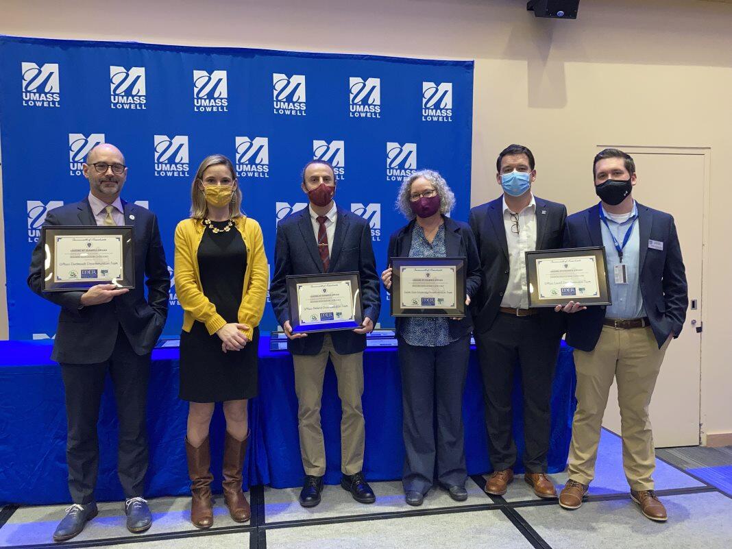 Higher Education Awardee Jamie Jacquart, Executive Office of Energy and Environmental Affairs Secretary Kathleen Theoharides, Awardee Ezra Small, Awardee Tara Gallagher, Awardee Ruairi O’Mahoney and Awardee Dan Abrahamson.