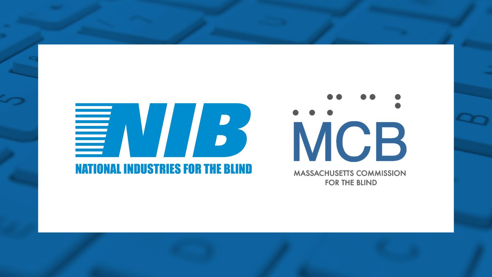 National Industries for the Blind NIB logo and Massachusetts Commission for the Blind MCB logo with blue border