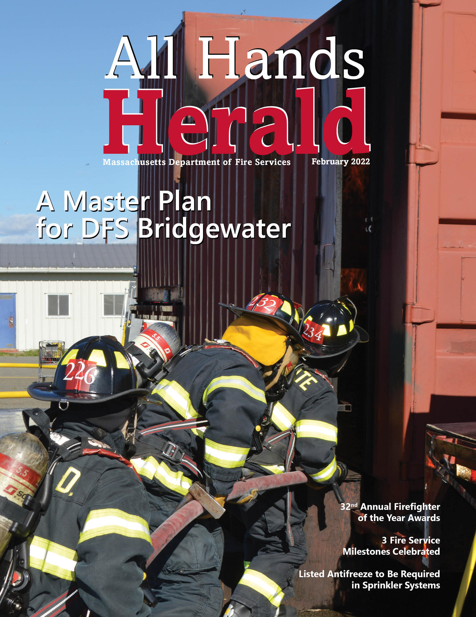 Magazine cover features recruit firefighters training in fire suppression at the DFS Bridgewater campus.