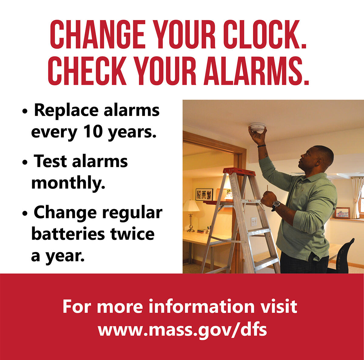 Image of a man on a ladder checking a smoke alarm