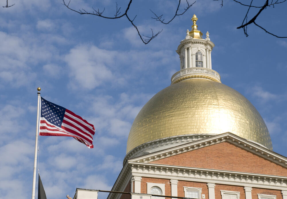 a flag and the golden dome of the state capitol building