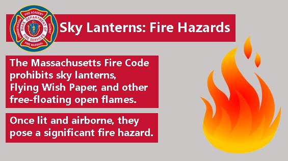 Image of a fire with text noting that the fire code prohibits sky lanterns