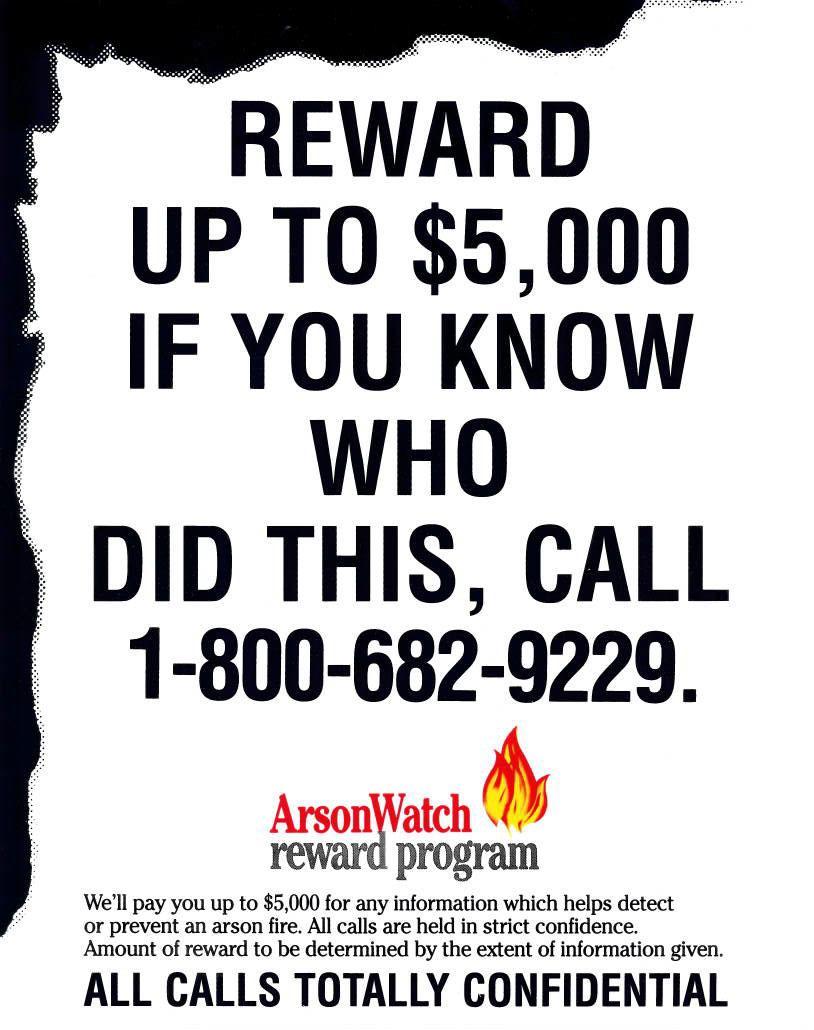 A poster offering rewards for information on arson fires