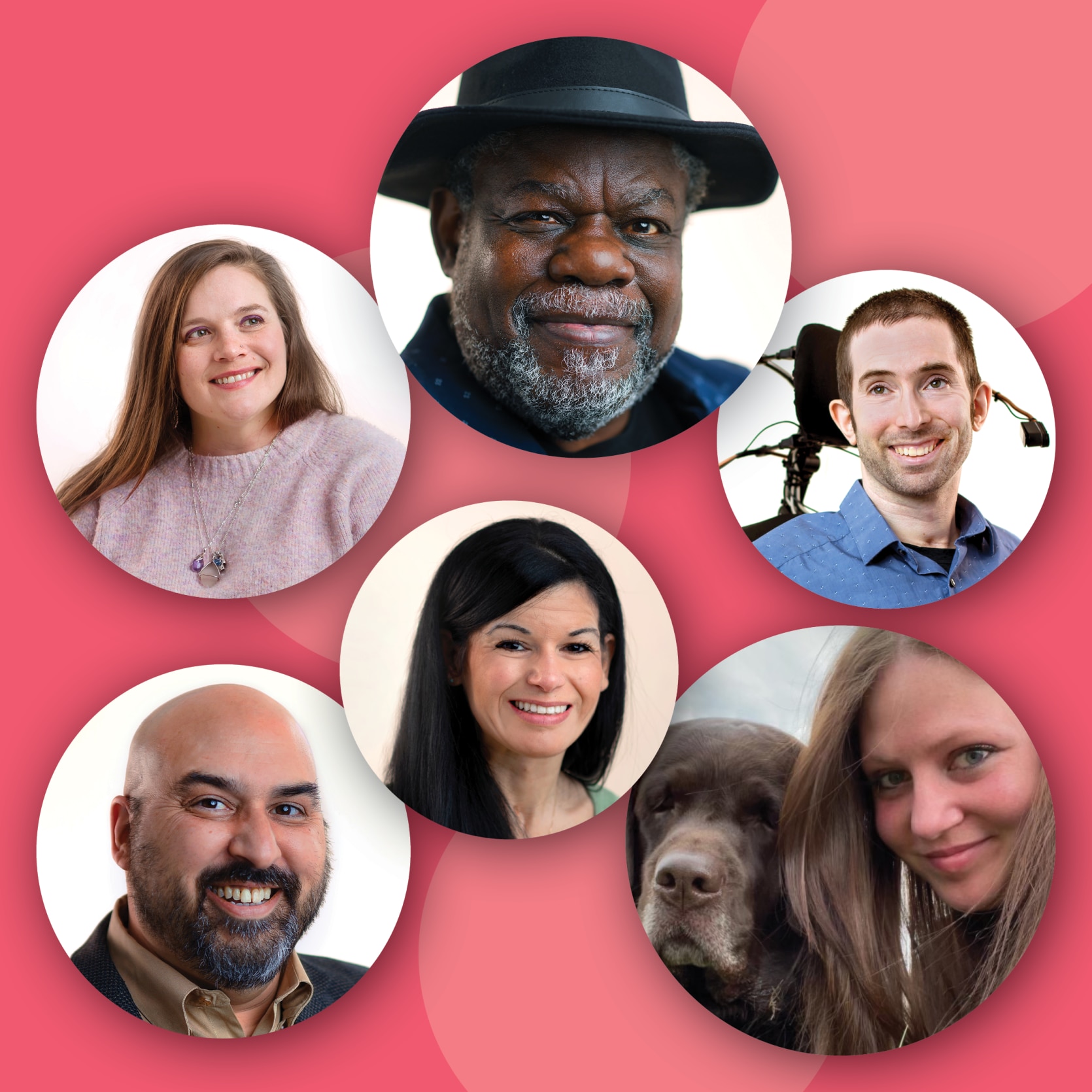 photos of six people set in circles on a pink background