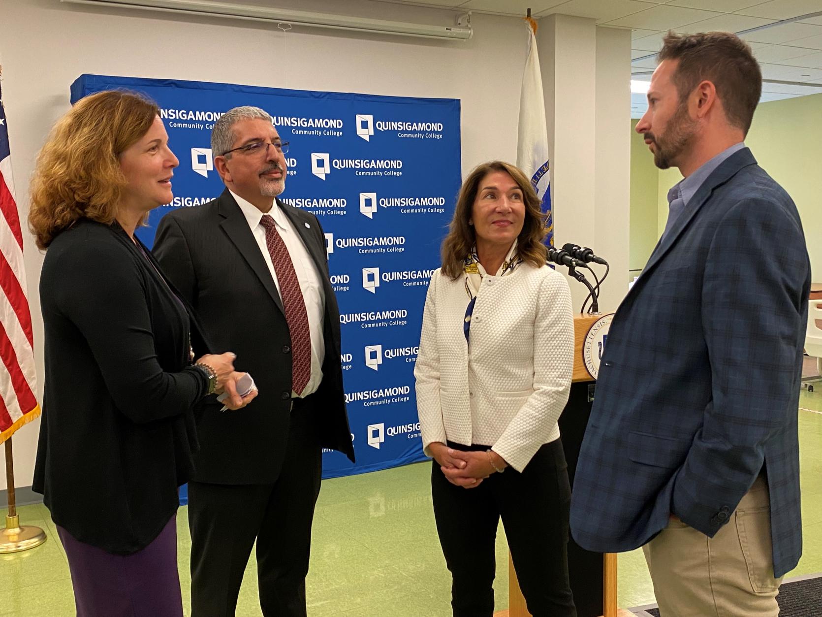 Pictured left to right: Secretary of Labor and Workforce Development Rosalin Acosta, Quinsigamond Community College (QCC) President Dr. Luis G. Pedraja, Lt. Governor Karyn Polito, and Massachusetts Biomedical Initiatives (MBI) President and CEO Jon Weaver. 