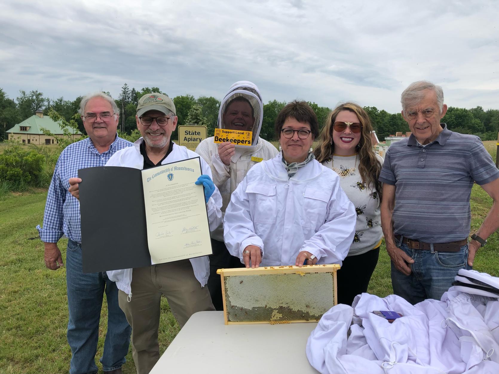 Department of Agricultural Resources Commissioner John Lebeaux joined state and local officials for a visit to the State Apiary at the University of Massachusetts Agricultural Learning Center Farm on Tuesday, June 21, 2022.