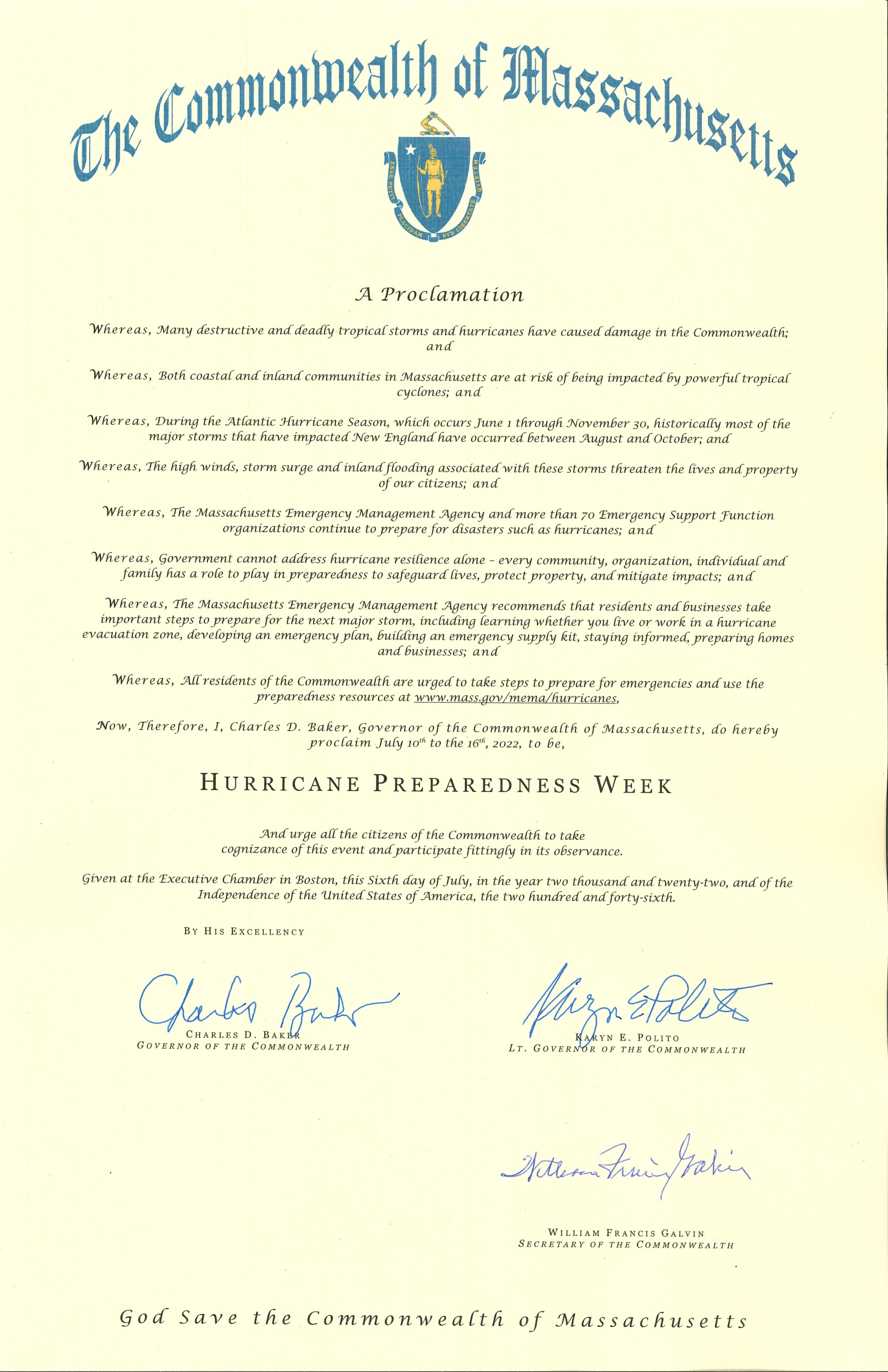 Proclamation from Governor Baker proclaiming July 10-16, 2022 to be Hurricane Preparedness Week