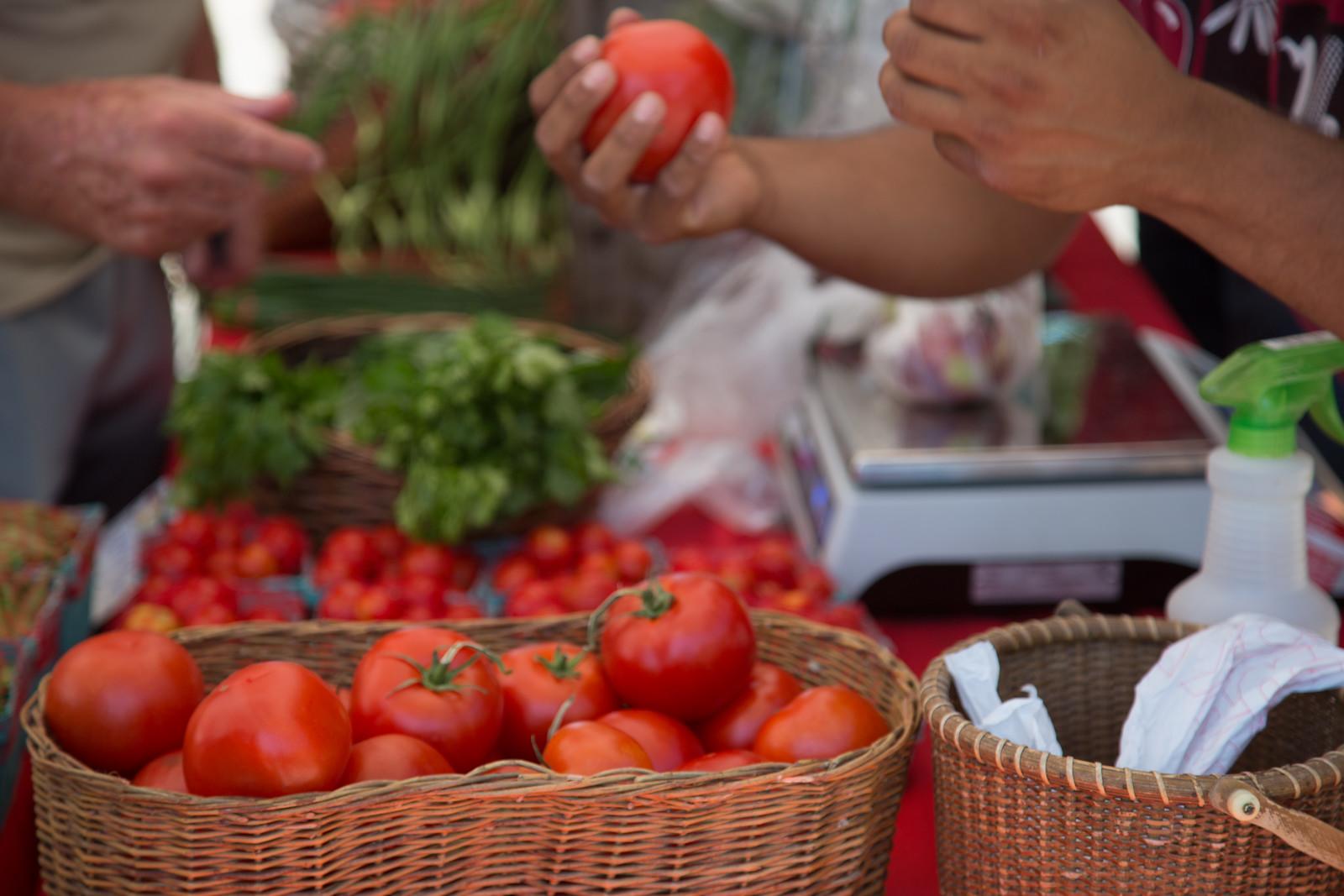 Person holding tomato at farmer's market