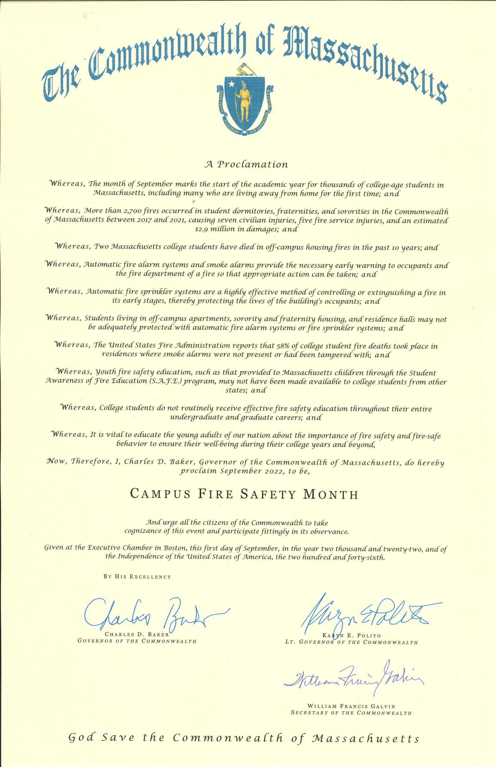 Picture of a proclamation declaring September to be Campus Fire Safety Month