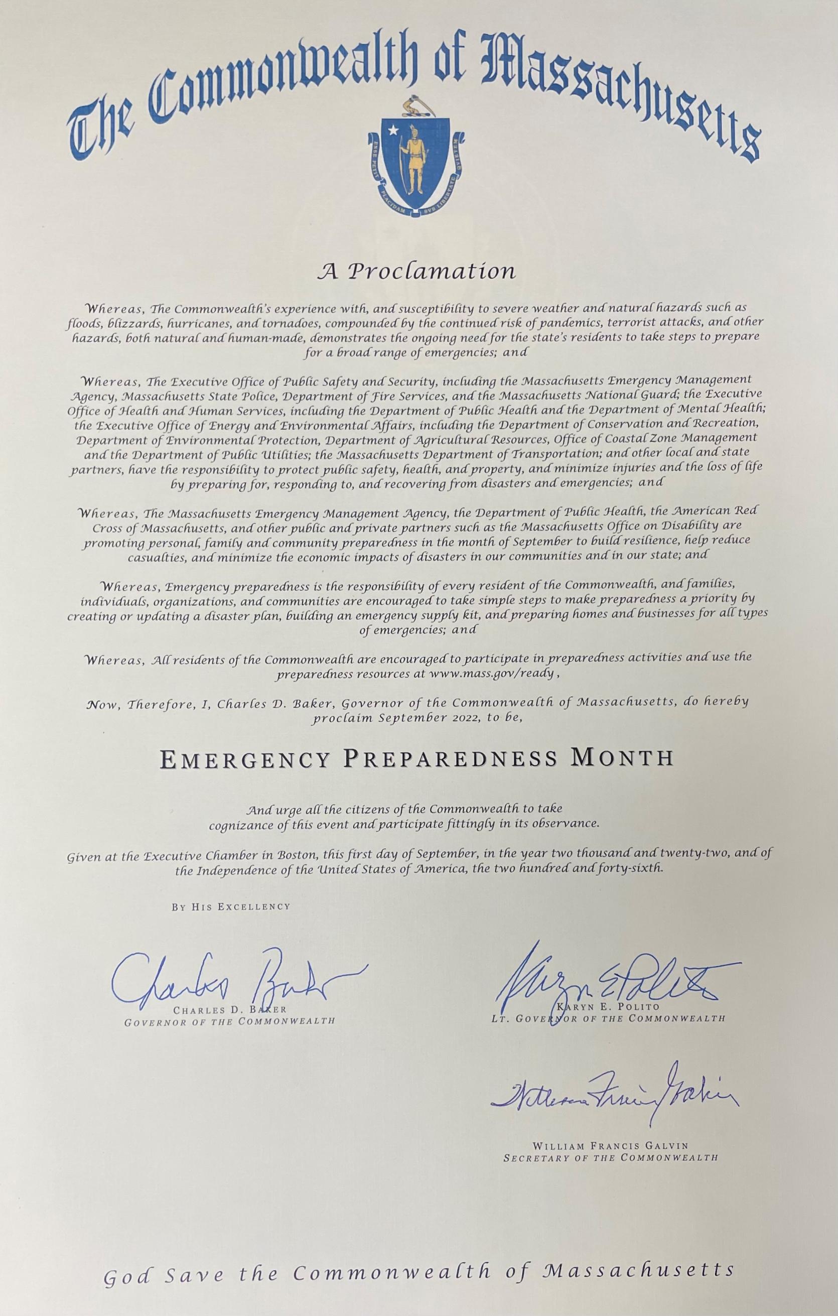 Image of Governor Baker's proclamation of September 2022 as Emergency Preparedness Month in Massachusetts. 