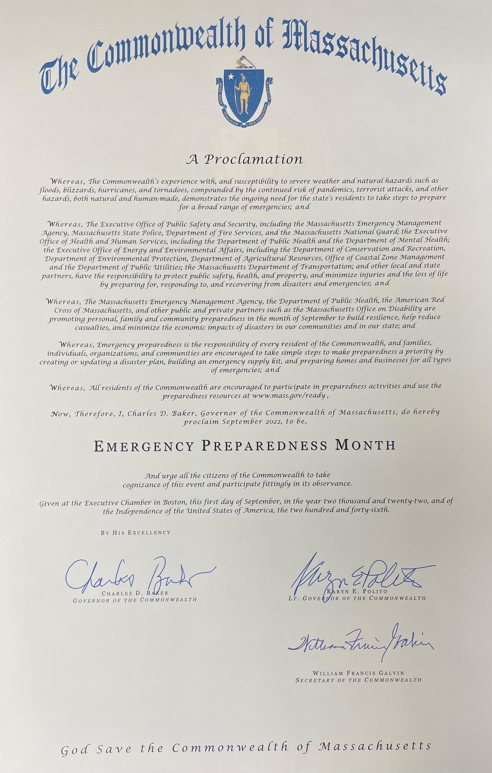 Image of Governor Baker's proclamation of September 2022 as Emergency Preparedness Month in Massachusetts.